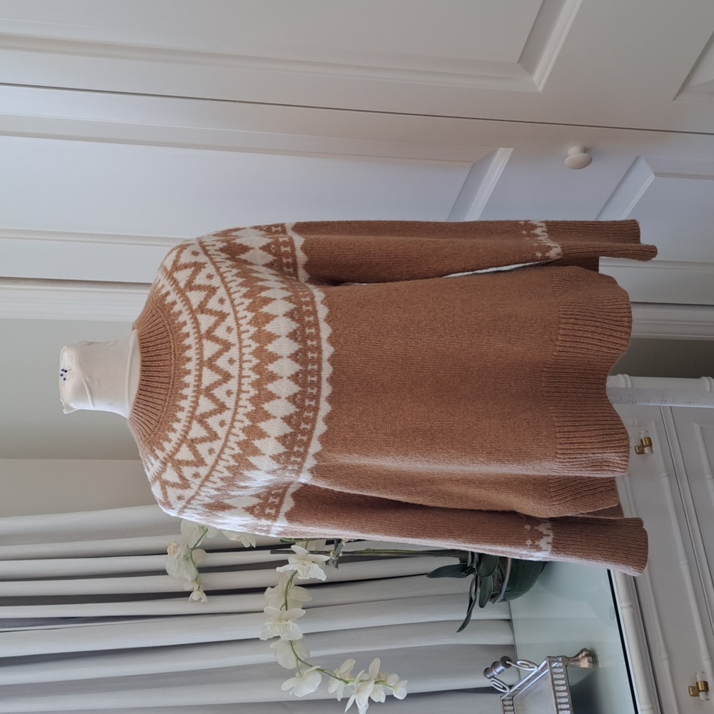 Talbots Womens Fair Isle Tan/Cream Wool Blend Crew Neck‎ Tunic Sweater SM